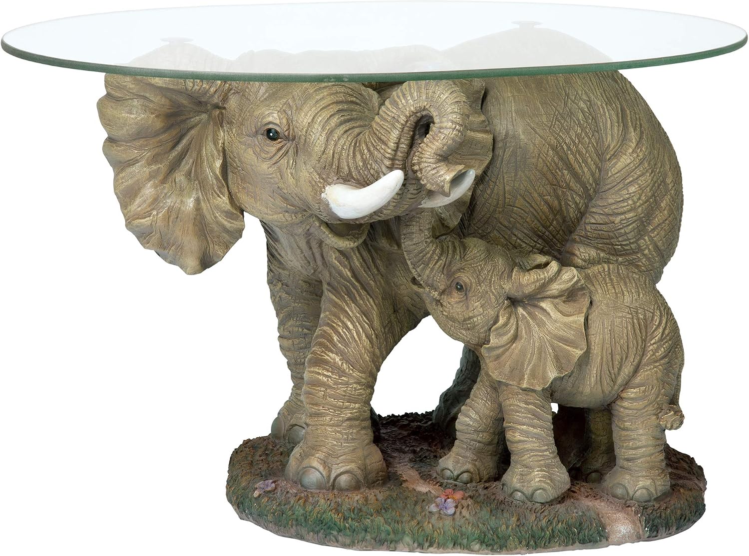 Design Toscano Elephant's Majesty Glass-Topped Coffee and Cocktail Table, 30 Inches Wide, 18 Inches Deep, 18 Inches High, Glass and Polyresin, Full Color Finish