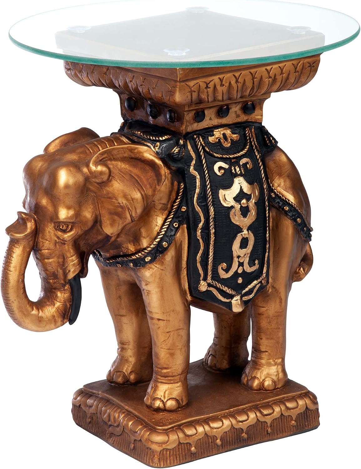 Design Toscano Maharajah Elephant Indian Decor Glass Topped Side Table, 18 Inches Diameter, 22 Inches Tall, Handcast Polyresin, Black and Gold Finish