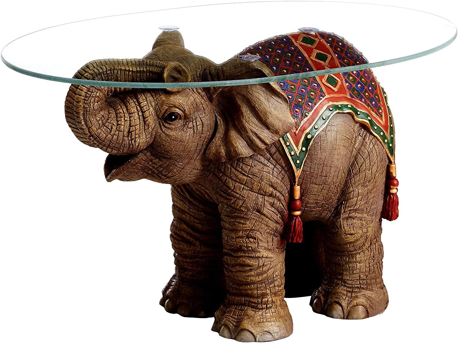 Design Toscano Jaipur Elephant Festival Glass-Topped Coffee and Cocktail Table, 30 Inches Wide, 18 Inches Deep, 18 Inches High, Glass and Polyresin, Full Color Finish