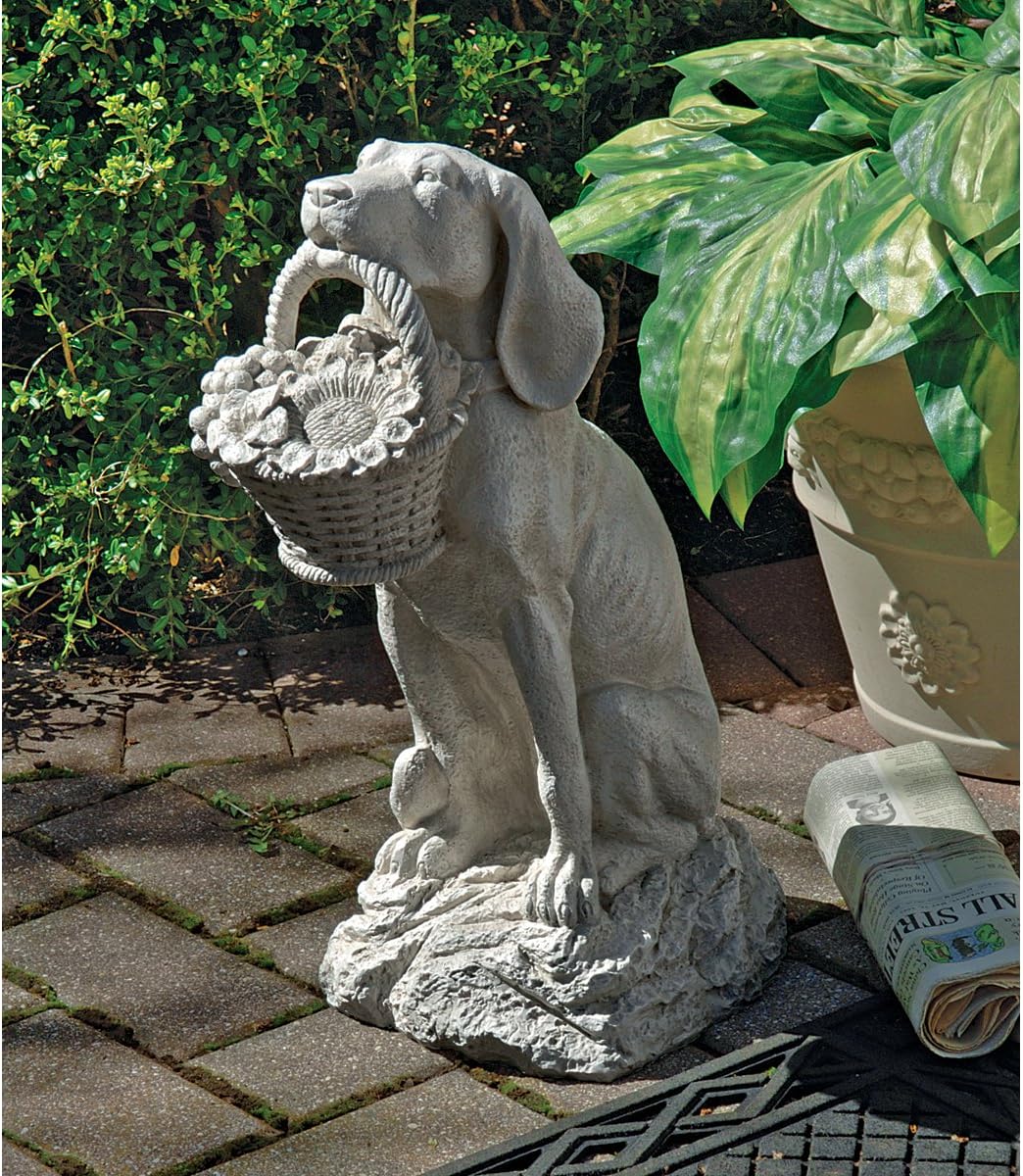 Design Toscano Man's Best Friend Dog with Basket Outdoor Garden Statue, 8 Inches Wide, 12 Inches Deep, 19 Inches High, Handcast Polyresin, Antique Stone Finish Two Tone Stone