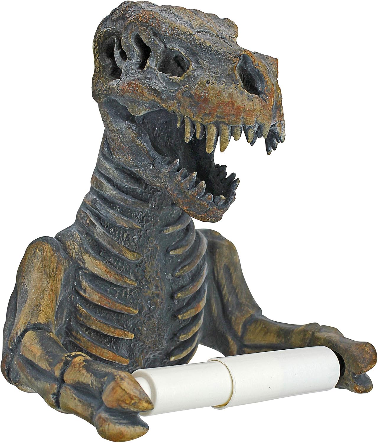 Design Toscano JQ9551 T. Rex Dinosaur Skeleton Bathroom Decor Accessories Toilet Paper Holder, 8 Inches High, Handcast Polyresin, Green Bronze Metallic Finish
