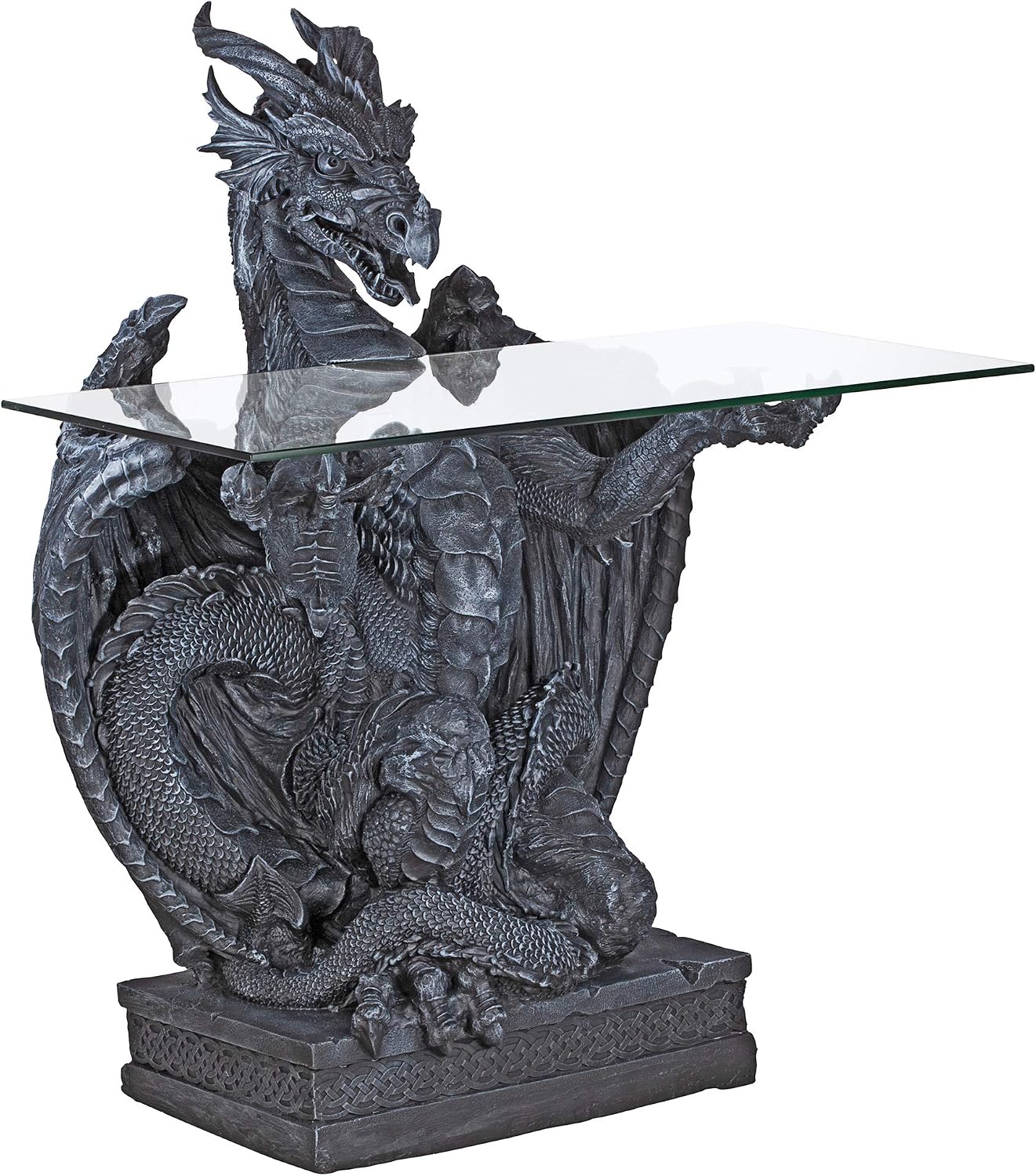Design Toscano The Subservient Dragon Glass-Topped Sculptural Table, 33 Inch, Gray Stone Finish