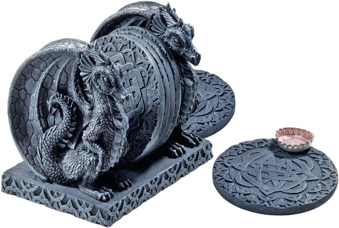 Design Toscano CL2489 Blackmore Dragon Gothic Decor, 5 Inch, Set of Holder and 6 Coasters, Polyresin, Grey Stone