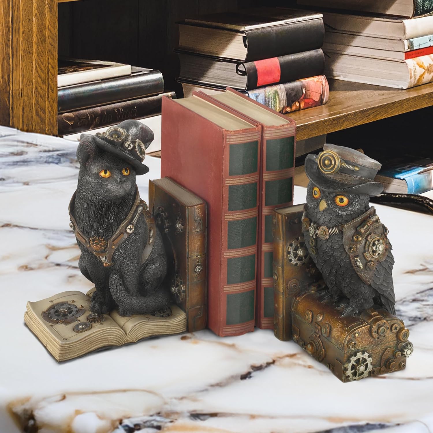 Design Toscano Knowledge Seekers Steampunk Cat and Owl Sculptural Bookends 10 inch