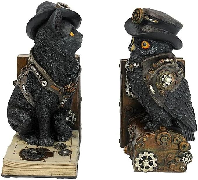 Design Toscano Knowledge Seekers Steampunk Cat and Owl Sculptural Bookends 10 inch