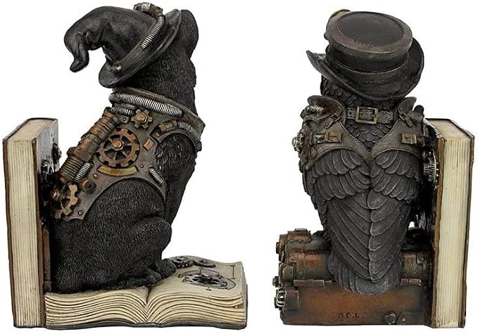 Design Toscano Knowledge Seekers Steampunk Cat and Owl Sculptural Bookends 10 inch