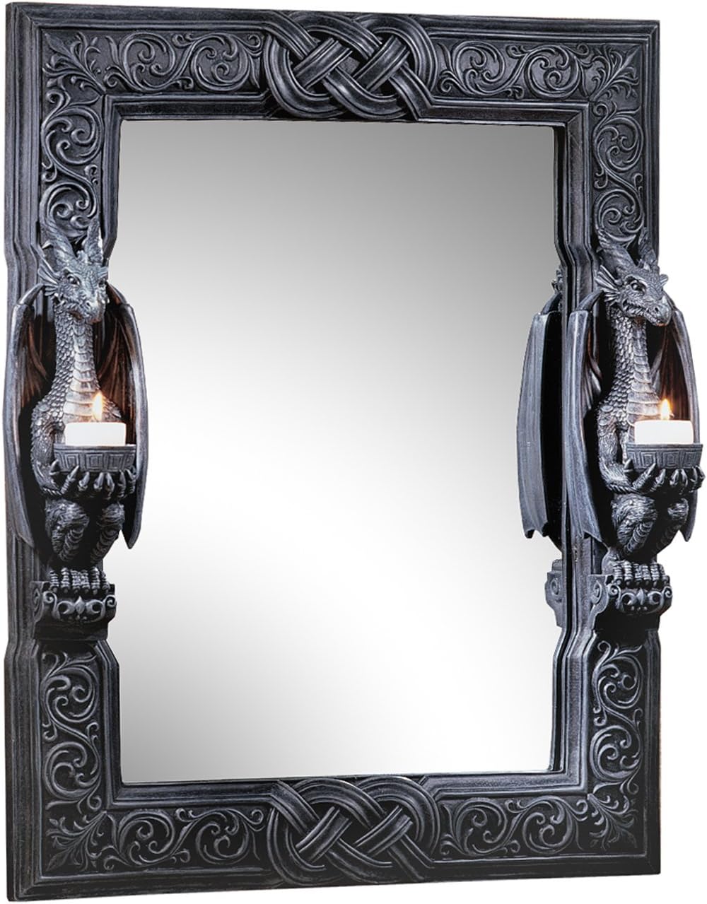 Design Toscano Dragons Thorne Twin Sentinal Dragons Gothic Decor Wall Mirror Sculpture with Candle Holders, 19 Inches Wide, 5 Inches Deep, 23 Inches High, Handcast Polyresin, Gray Stone Finish