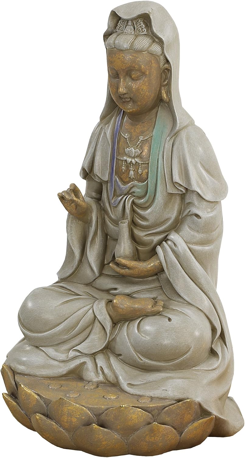 Design Toscano Seated Guan-Yin Patroness Compassion Lotus Asian Decor Indoor/Outdoor Garden Statue, 12 inch, Cast Stone Resin, Stone & Metallic Finish