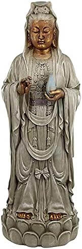 Design Toscano Standing Guan-Yin Patroness Compassion Lotus Asian Decor Indoor/Outdoor Garden Statue, 25 inch, Cast Stone Resin, Faux Stone & Metallic