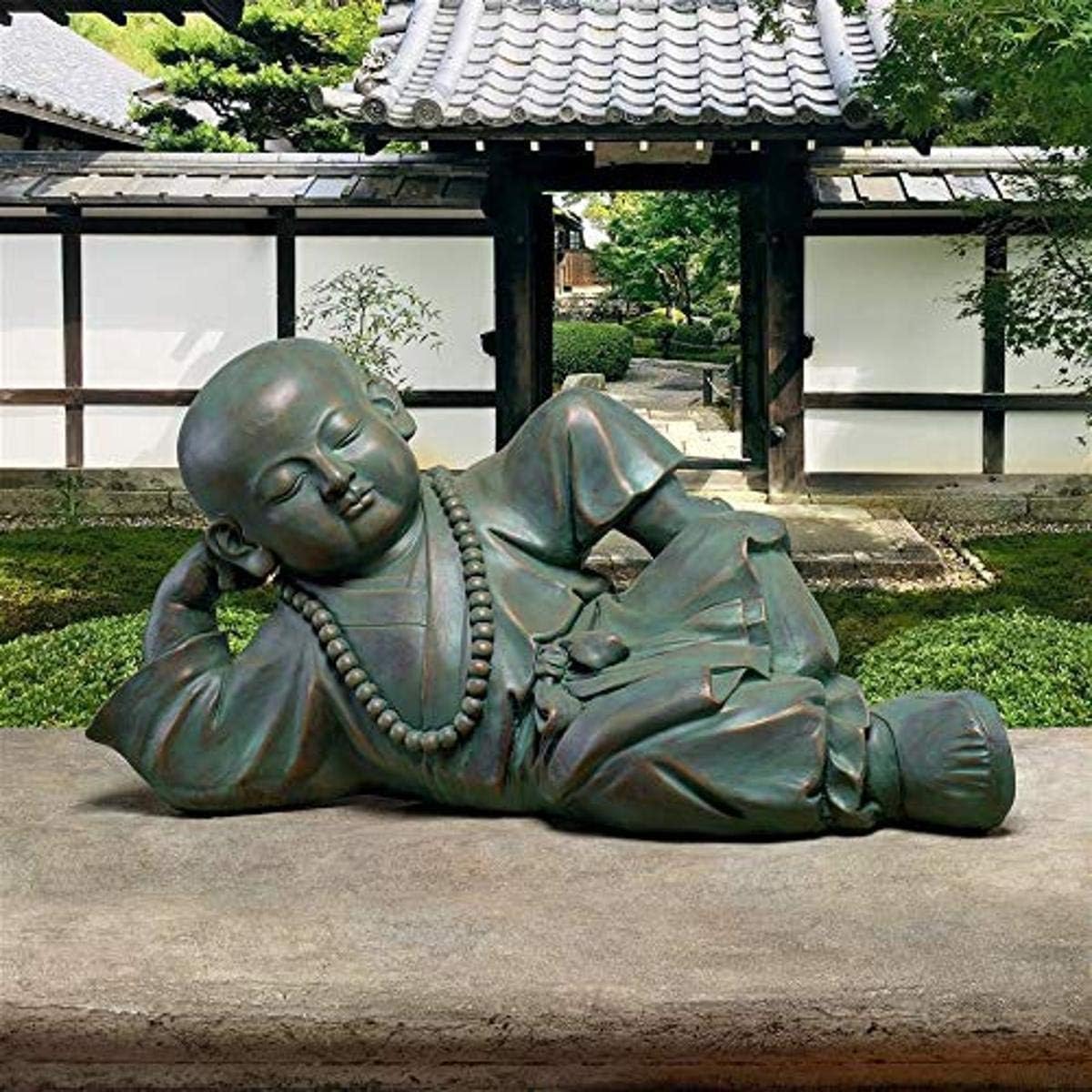 Design Toscano Resting Serene Baby Monk Asian Boy Garden Statue, 24 inches Wide, 12 inches Tall, Cast Stone Resin, Green Bronze Finish