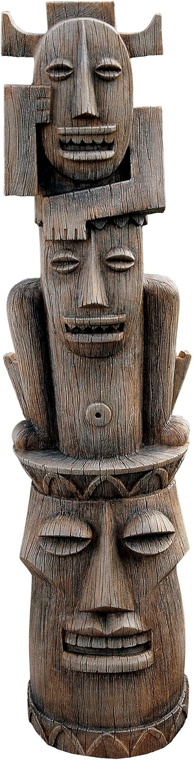 Design Toscano Tiki of the Three Pleasures Totem Pole Tropical Decor Indoor/Outdoor Garden Statue, 35 inches tall, Cast Stone Resin, Woodtone Finish