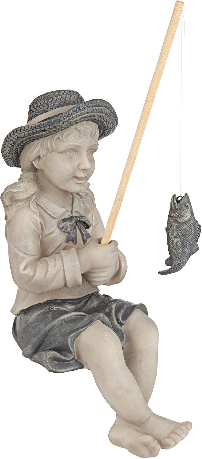 Design Toscano Big Catch Fisherwoman Nellie Girl with Fishing Pole Garden Statue, Medium 17 Inch Tall, Cast Stone Resin, Two Tone Stone Finish Medium Nellies Big Catch