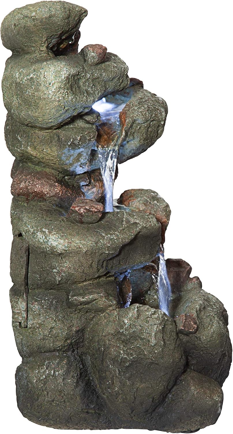 Design Toscano Rocky Range Pass Cascading Waterfall Illuminated Tabletop Fountain Faux Stone