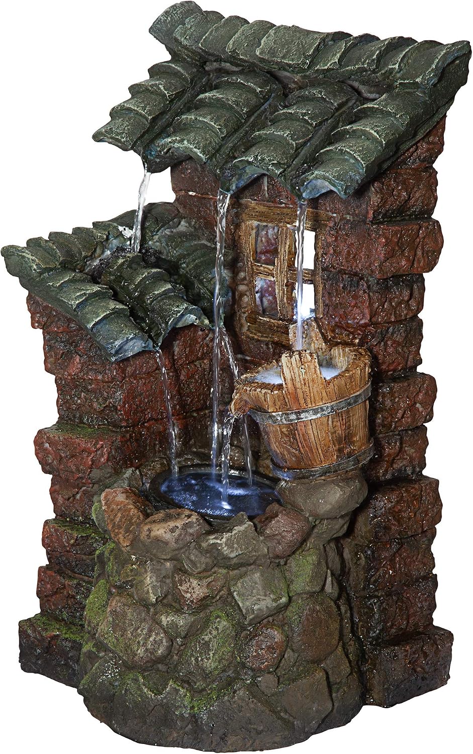 Design Toscano Cottage in the Forest Cascading Waterfall Illuminated Tabletop Fountain Faux Wood and Stone