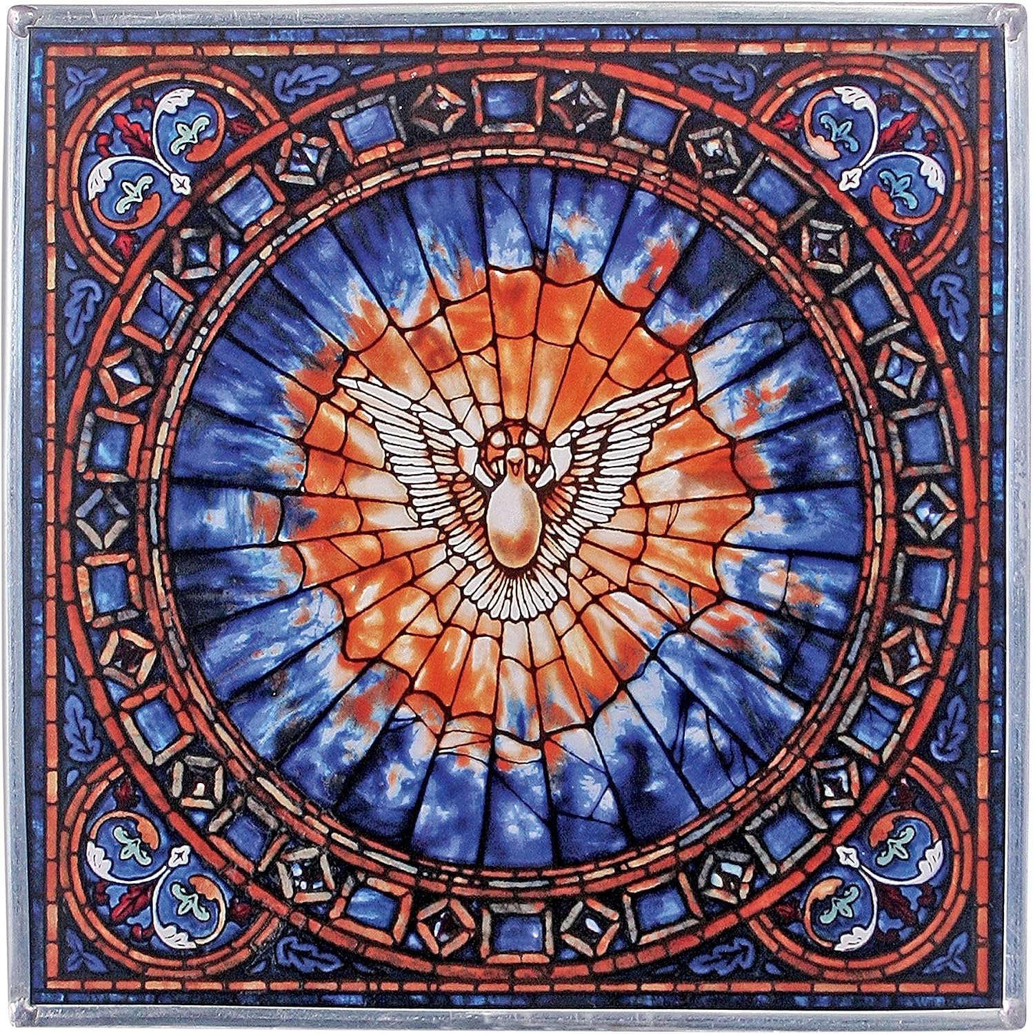 Design Toscano GM1018 Tiffany's Holy Dove of Peace Art Glass Square Suncatcher Window Panel, 10 inches wide, 10 inches tall, Stained Glass, Blue Enamel
