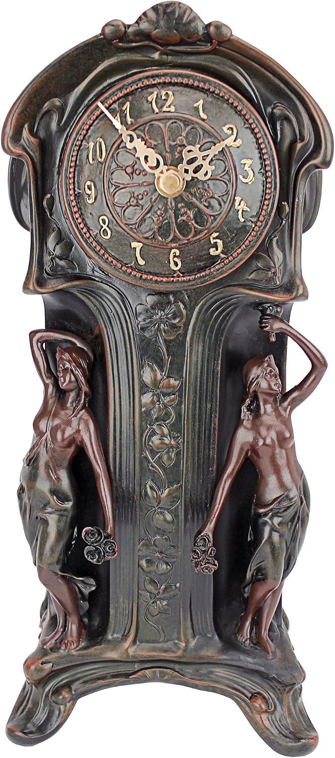 Design Toscano KY8022 Dual Maiden Art Nouveau Mantelpiece Clock, Verdigris