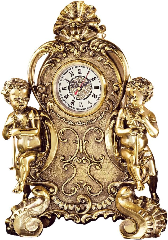 Design Toscano Remy Cherubs Angel Mantel Clock, 13 inches wide, 19 inches tall, Cast Stone Resin, Antique Gold Finish