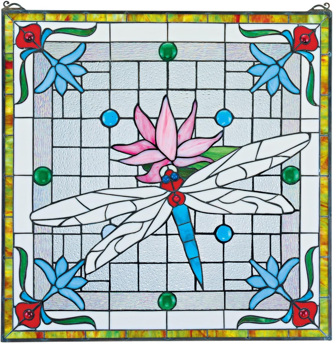 Design Toscano Stained Glass Panel - Dragonfly Pond 24''W x 24.5''H Wall Hanging, Blossom Pink, Handcrafted Stained Glass Sculpture