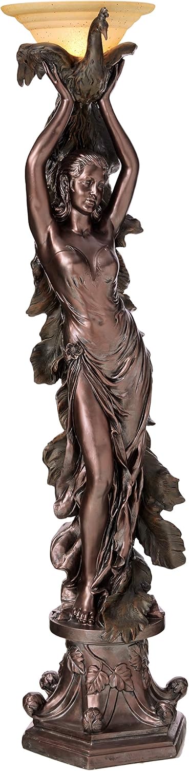 Design Toscano Peacock Woman Sculptural Floor Torchiere Lamp, 19 inches wide, 74 inches tall, Cast Stone Resin, Bronze Finish