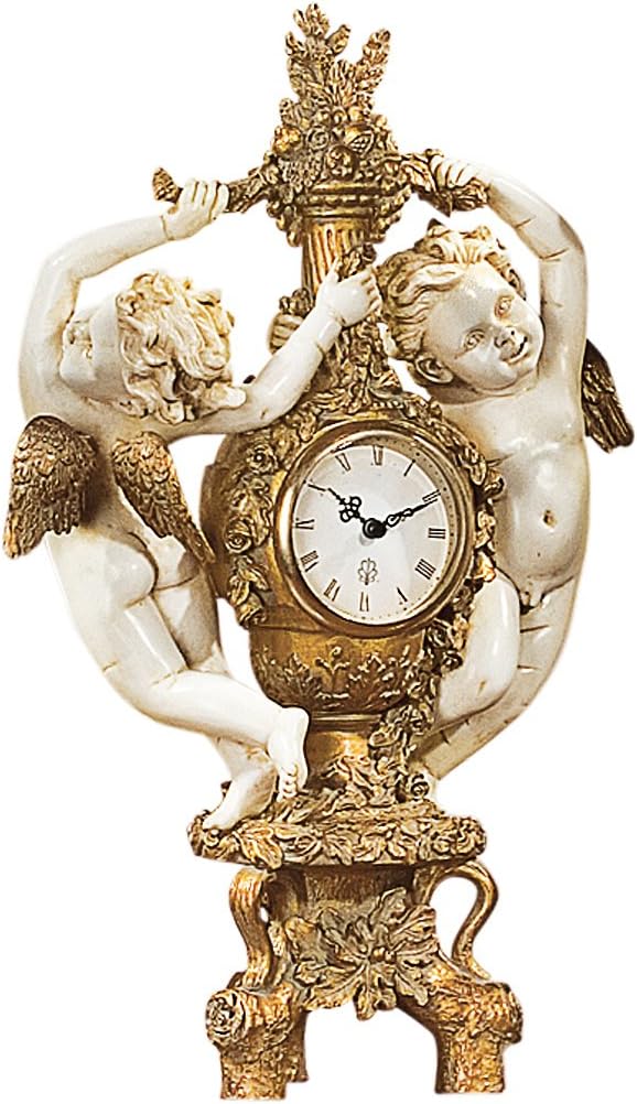 Design Toscano Cherub's Harvest Mantel Clock Vintage Home Decor, 16 Inches Tall, Cast Stone Resin, Faux Gold & Ivory Finish