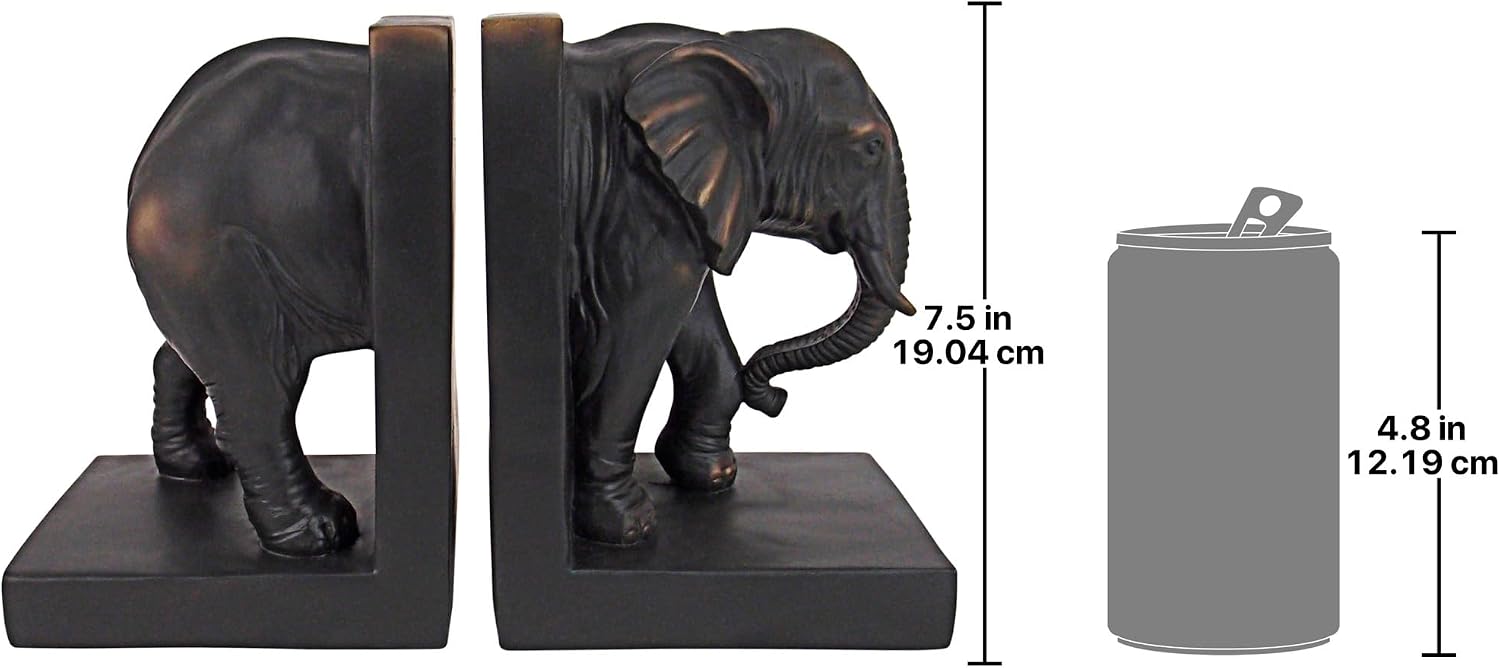 Design Toscano Elephant Bookends Statue, 7 Inch, Set of Two, Faux Bronze,QM2859800