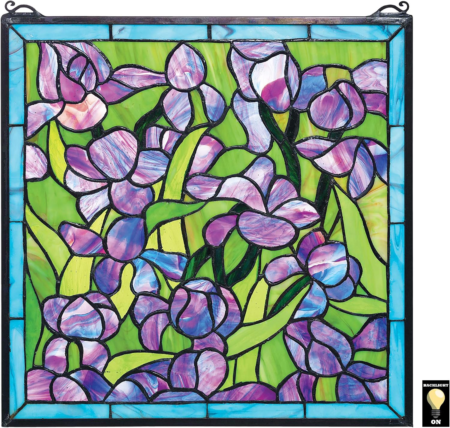 Design Toscano Van Gogh Irises Tiffany-Style Window Hanging Panel, 17 inches wide, 17 inches tall, Hand-Cut Stained Glass, Purple, Green & Blue