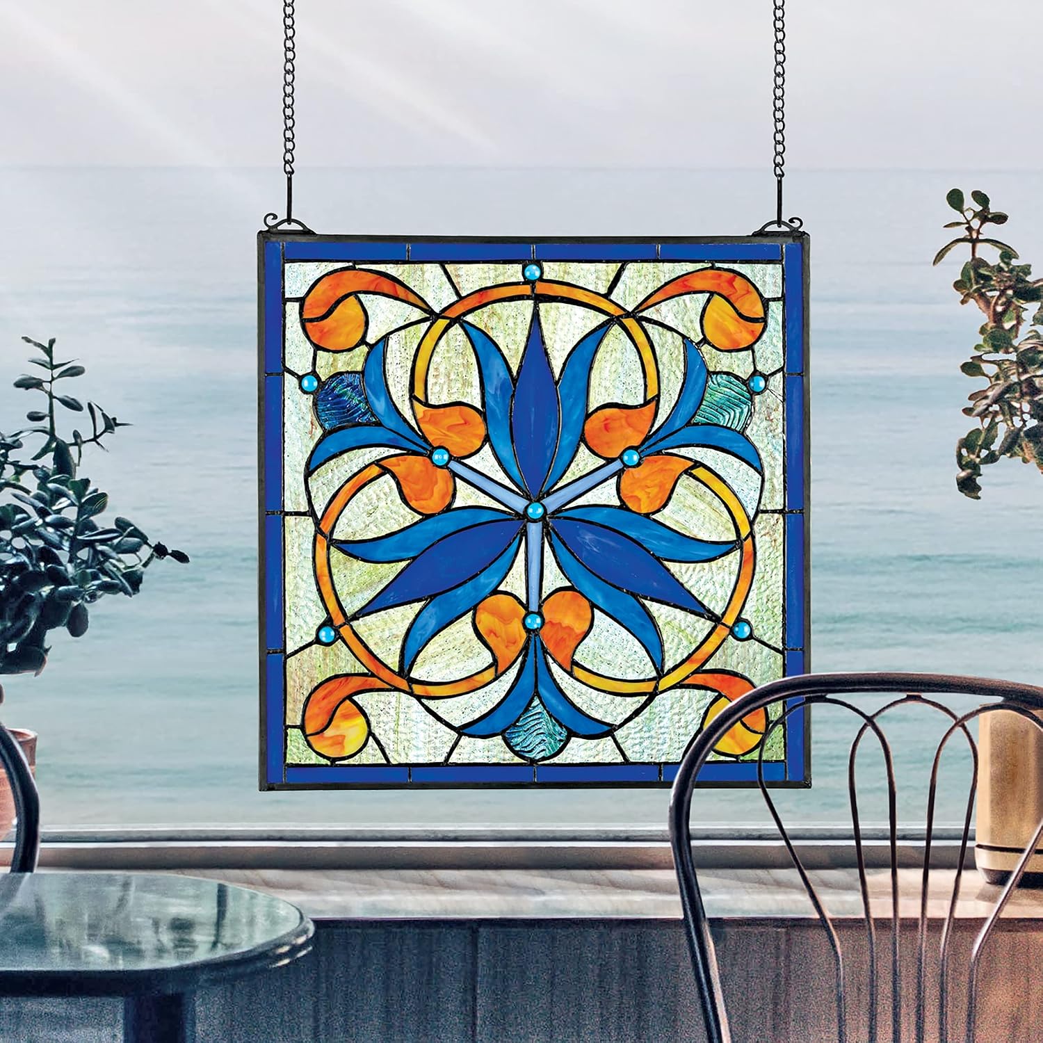 Design Toscano Mokara Orchid Trefoil Floral Stained Glass Window Blue Orchid