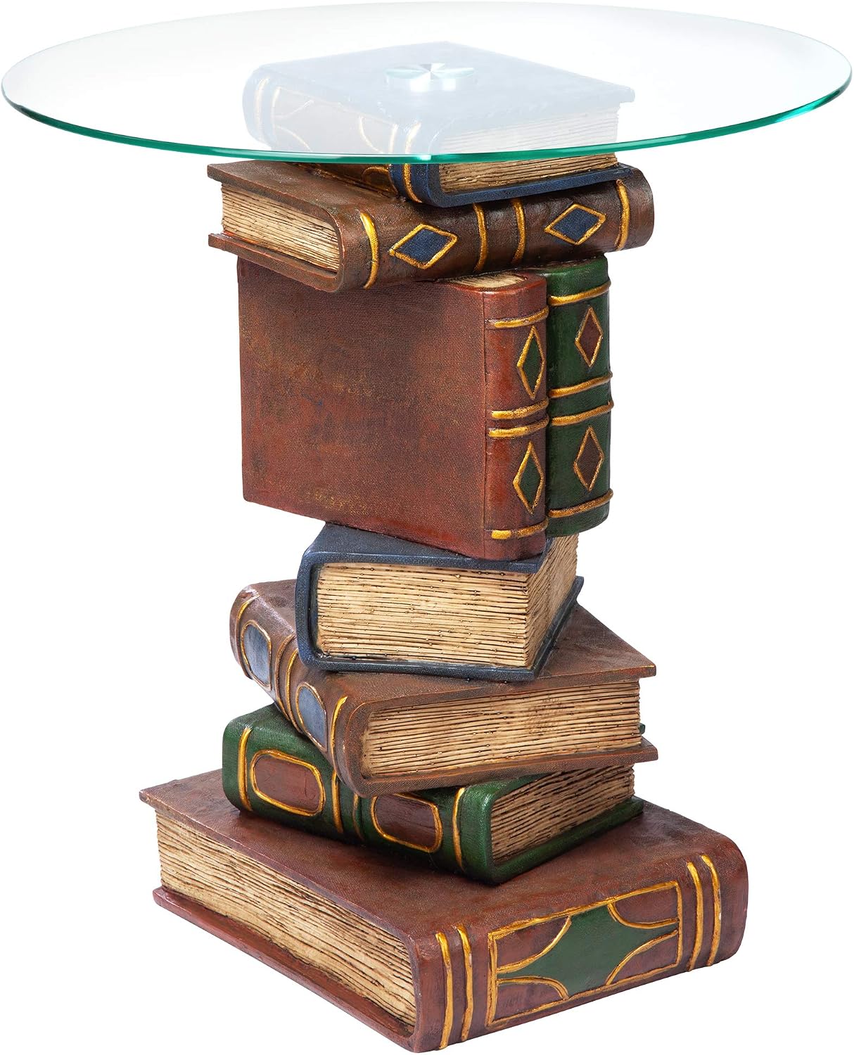 Design Toscano Stacked Volumes Vintage Book Decor End Table with Glass Top, 20 Inch Tall, Cast Stone Resin, Rustic Multicolored Painted Finish