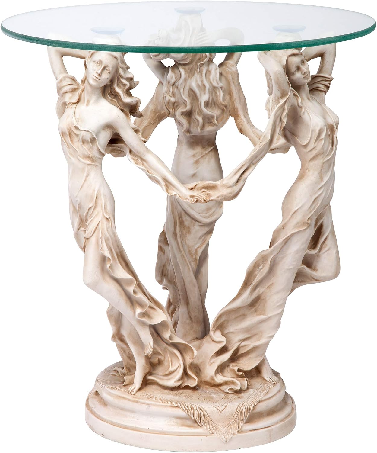 Design Toscano Greek Muses Classic Glass-Topped Side Table, 18 Inch Wide, 18 Inch Deep, 20 Inch Tall, Cast Stone Resin, Antique Stone Finish