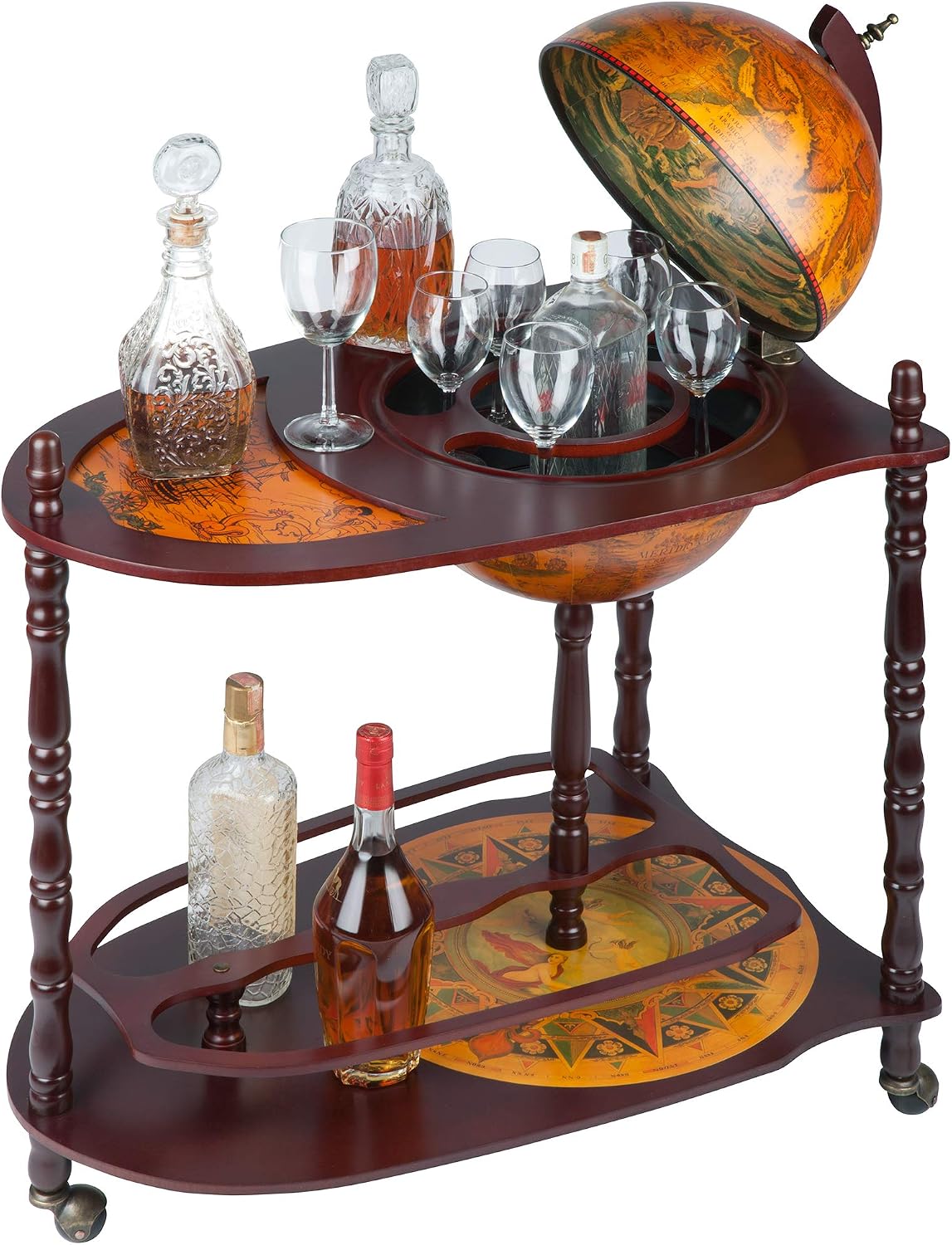 Design toscano liquor cabinet on wheels, 27 inches wide, 18 inches deep, 34 inches high, globe bar with extended shelf Sepia Tone