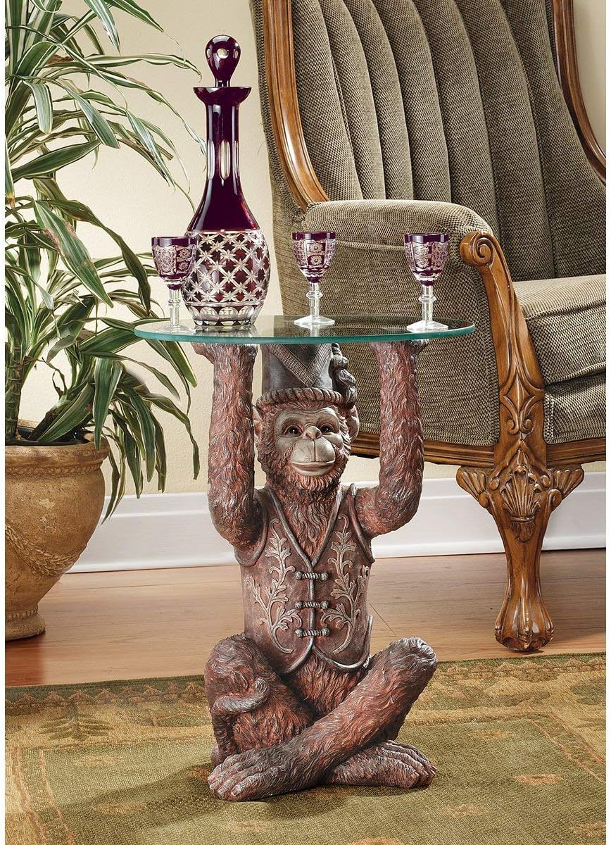 Design Toscano Exotic Decor Moroccan Monkey Business Glass Topped Side Table, 21 Inch, Full Color